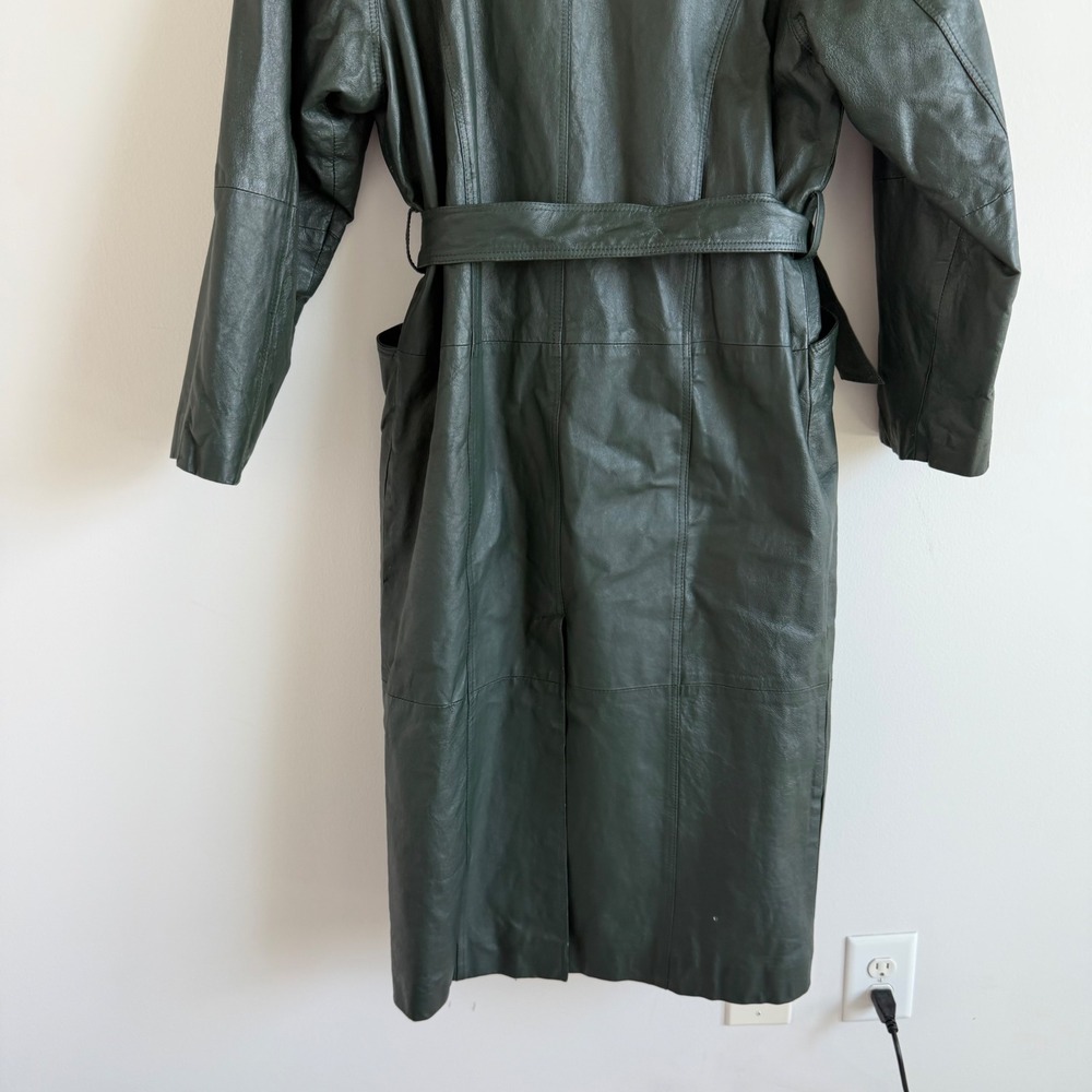 Vintage Maurices Forrest Green Genuine Leather Longline Trench Coat Size Small - Picture 14 of 14